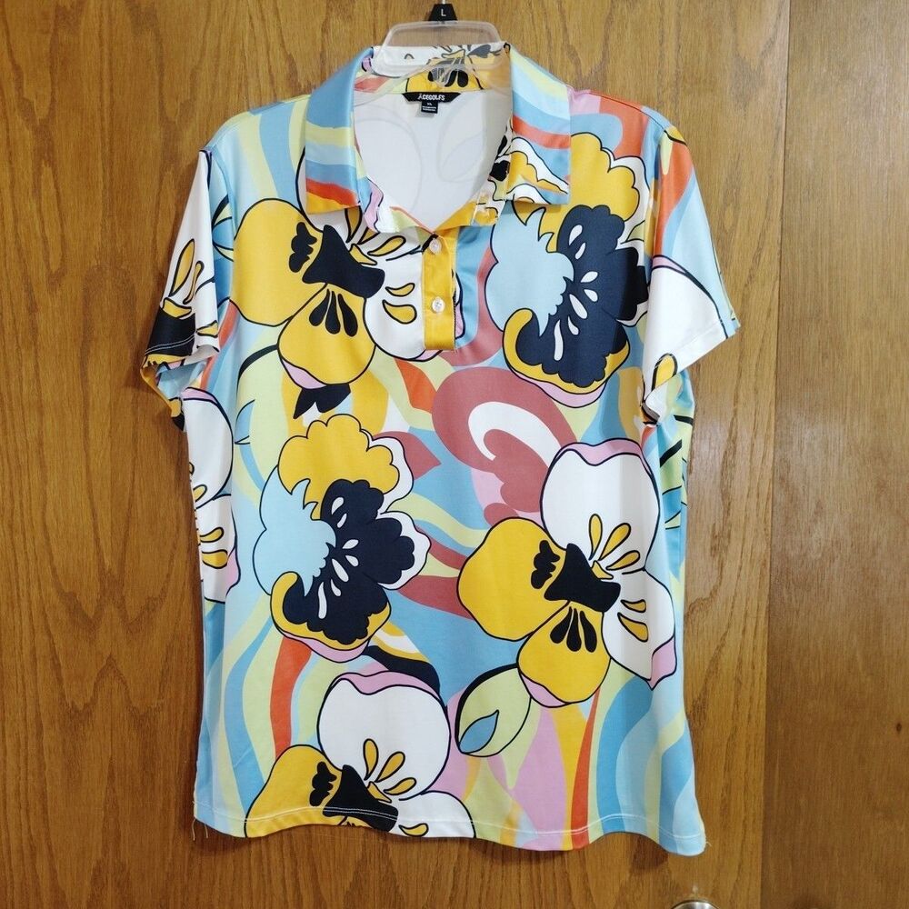 Acegolfs Golf Polo Shirt Womens XL Short Sleeve Floral Graphic Print Top Tropica